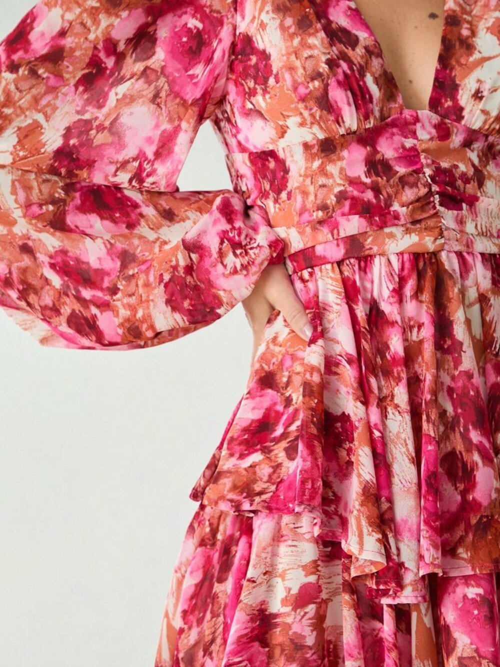 Hot Pink Boho Women's V-Neck Long Sleeve Floral Allover Print Short Casual Dress - Picture 8 of 10